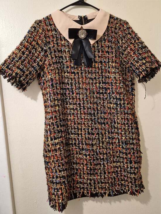 Just Me Dresses & Skirts - Just Me Tweed Short Sleeve Collared Dress with Bow Detail